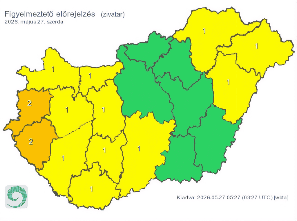 Magyarország területi figyelmeztető előrejelzés, május 27, 2026.